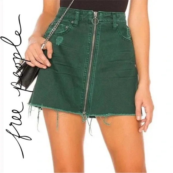 Free People Zip It Up Distressed Raw Hem Green Cotton Denim Mini Skirt Size 28/6 - Picture 1 of 8